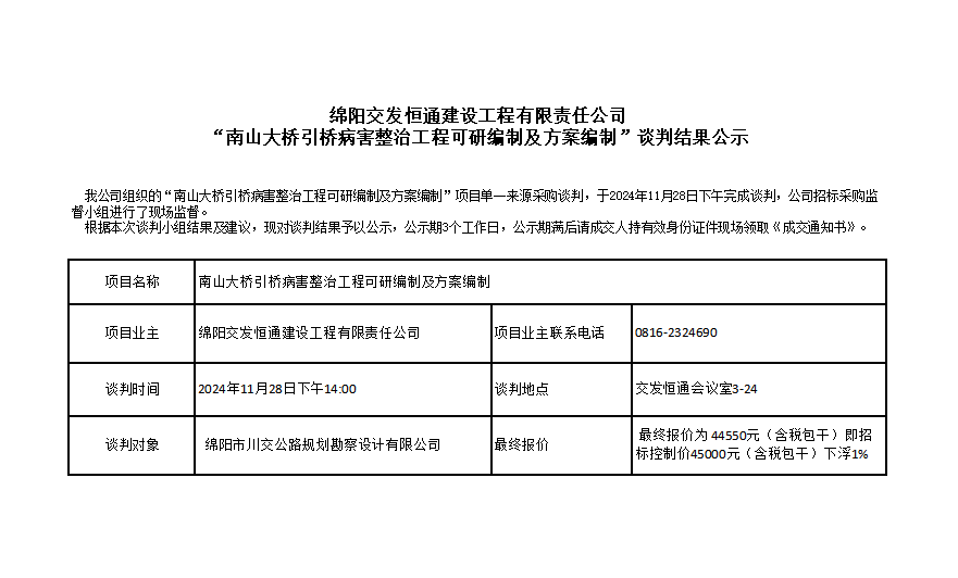 綿陽(yáng)交發(fā)恒通建設(shè)工程有限責(zé)任公司“南山大橋引橋病害整治工程可研編制及方案編制”談判結(jié)果公示.png